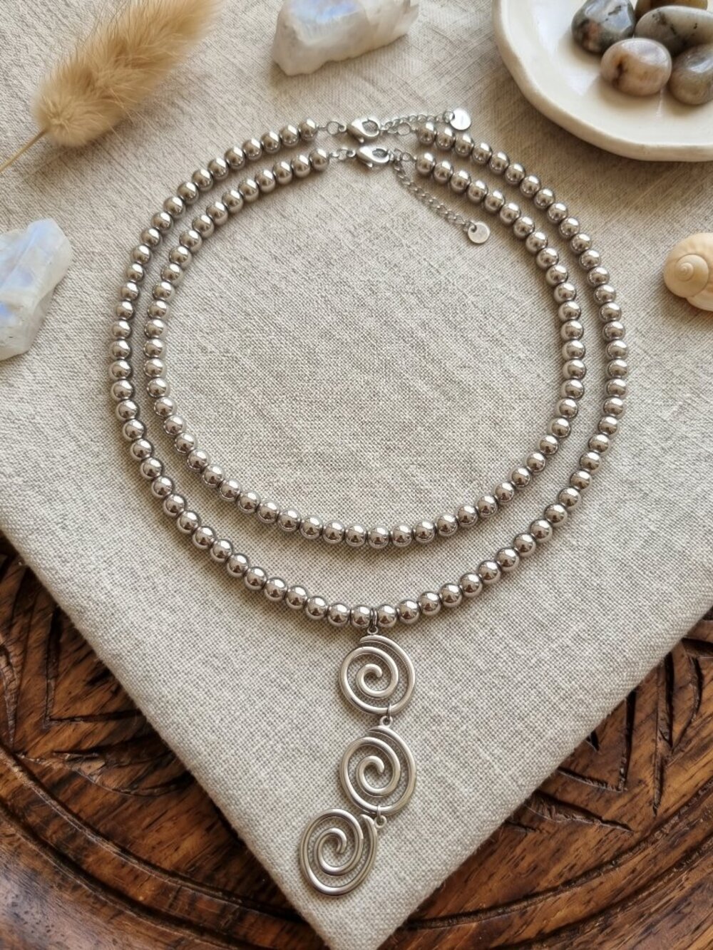18k White Gold Plated 304 SS Spiral Pendant Layered Necklace Set of 2 15.3"
